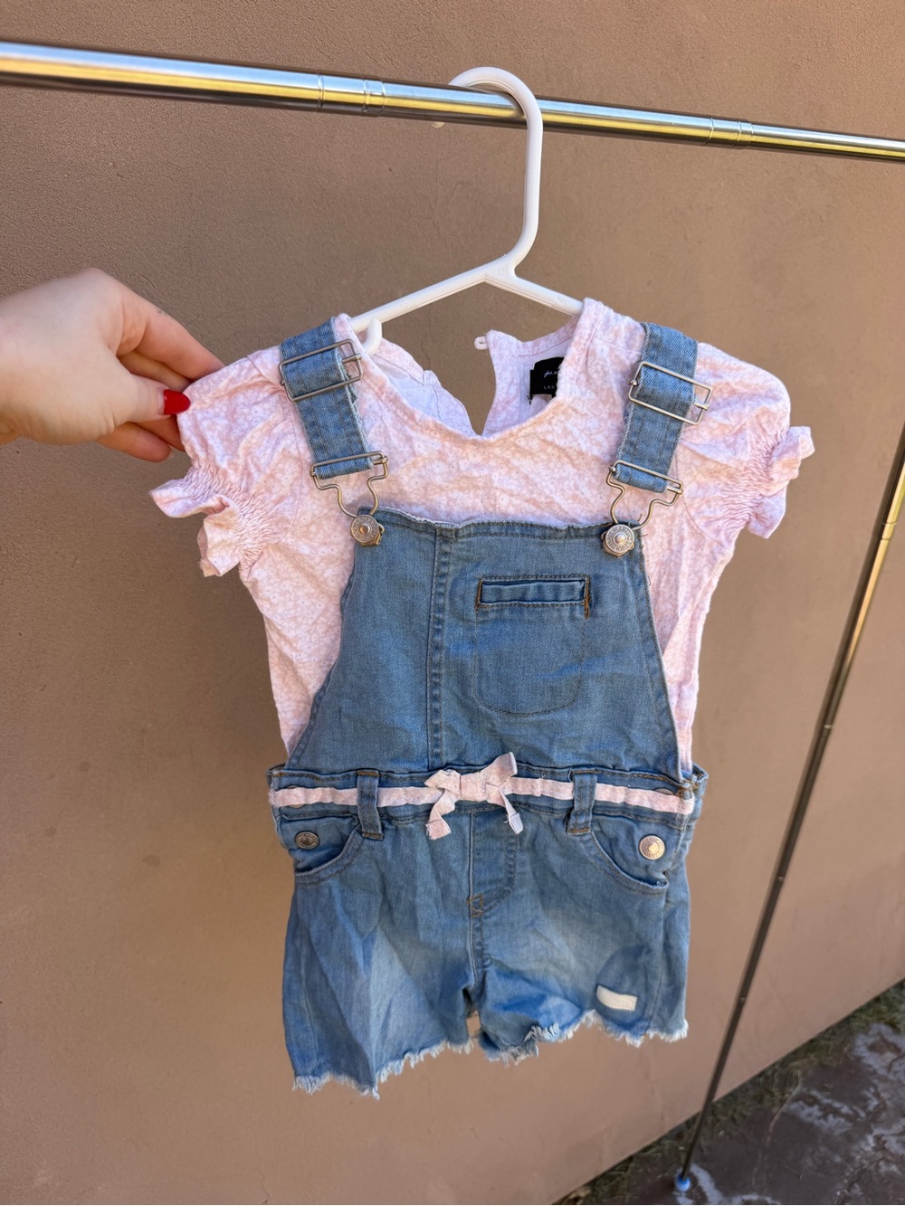 7 For All Mankind Pink Tee with Blue Denim Short Overalls